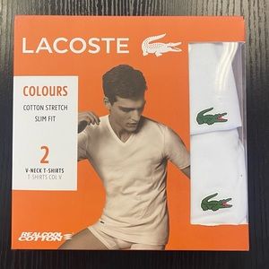 Lacoste Mens 2 PACK V-Neck Cotton Stretch Slim Fit T-Shirt - White - RAM8802